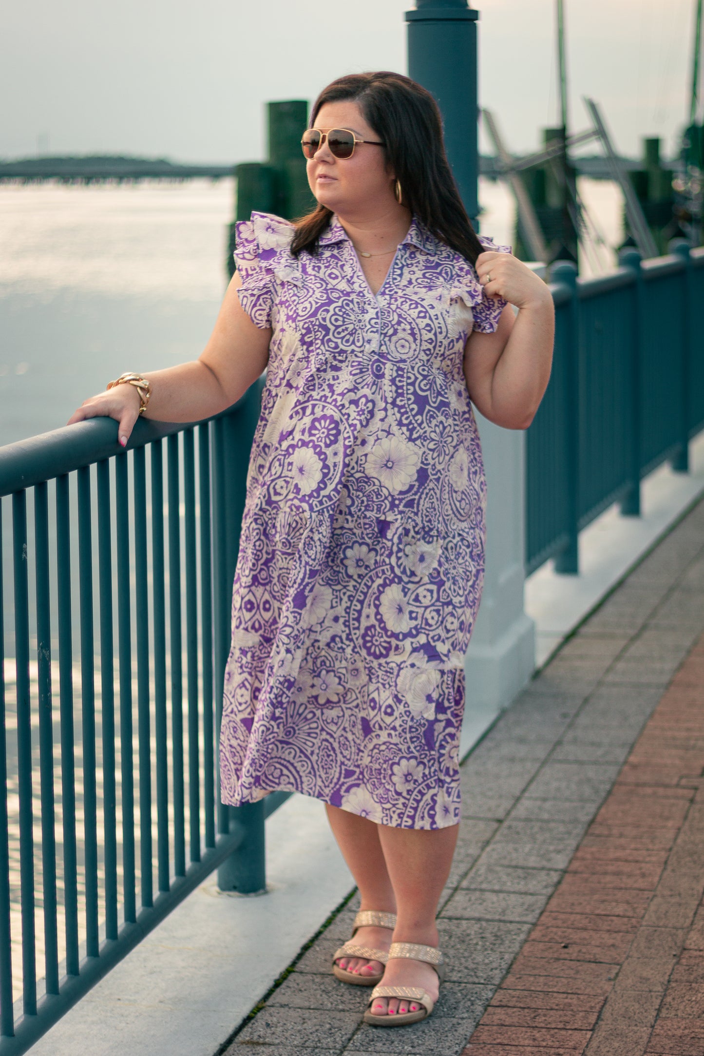 Two Tone Paisley Print A-Line Collared Tiered Midi Dress with Short Flutter Sleeves