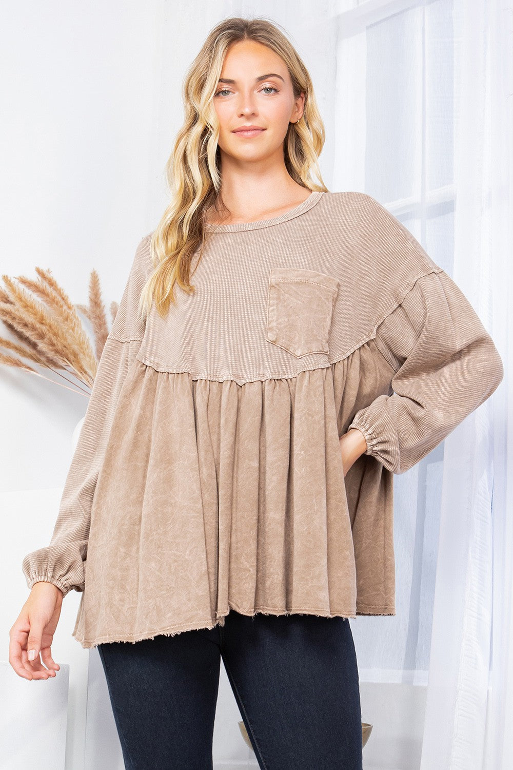 Mineral Wash Babydoll Top with Pocket on the Front