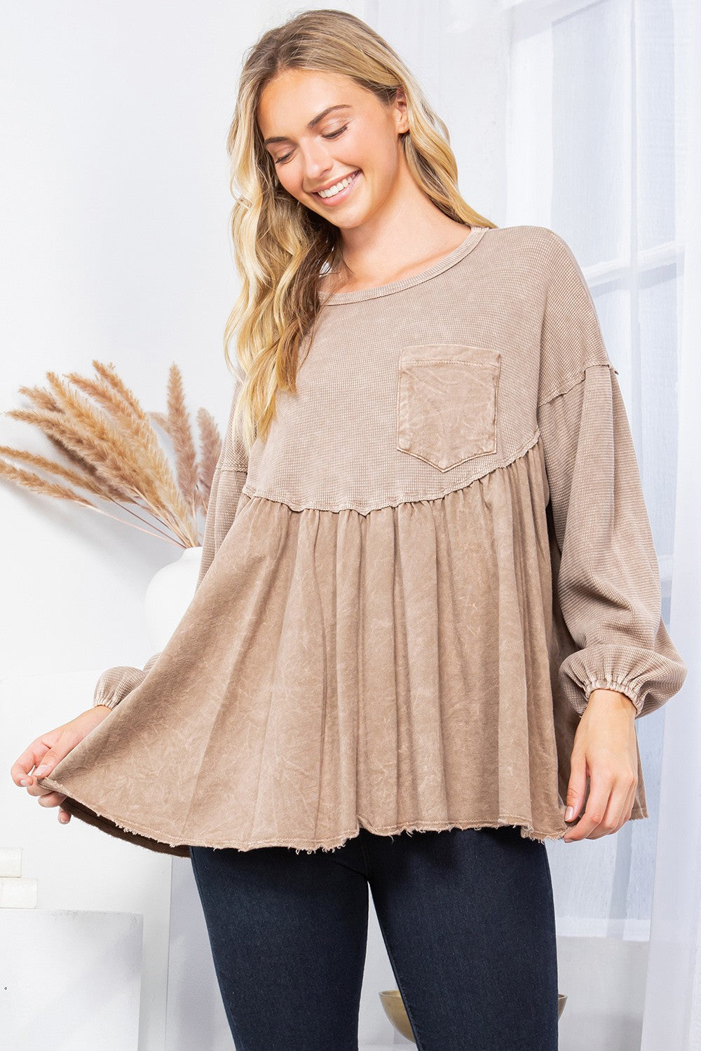 Mineral Wash Babydoll Top with Pocket on the Front