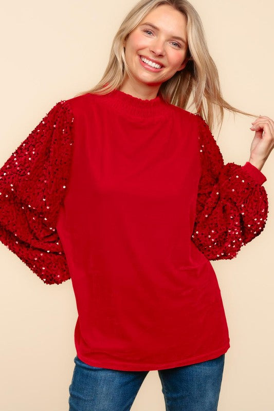 Plus Sequins Velvet Color Block W/ Back Button Top