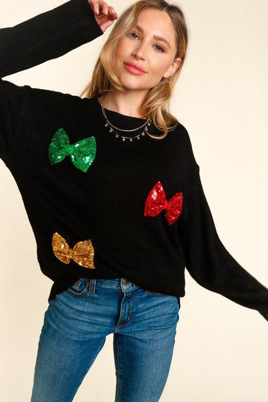 Sequins Multi Color Bow Sweater Knit Top