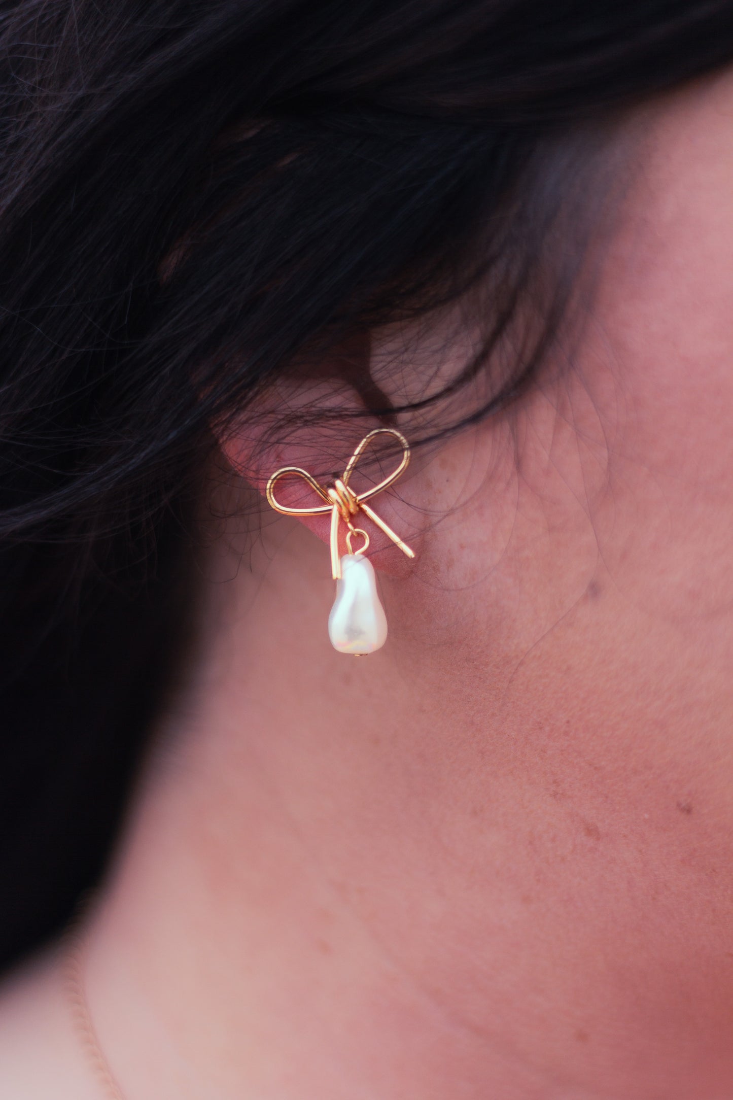 Pearl Dangle Gold Bow Drop Earrings