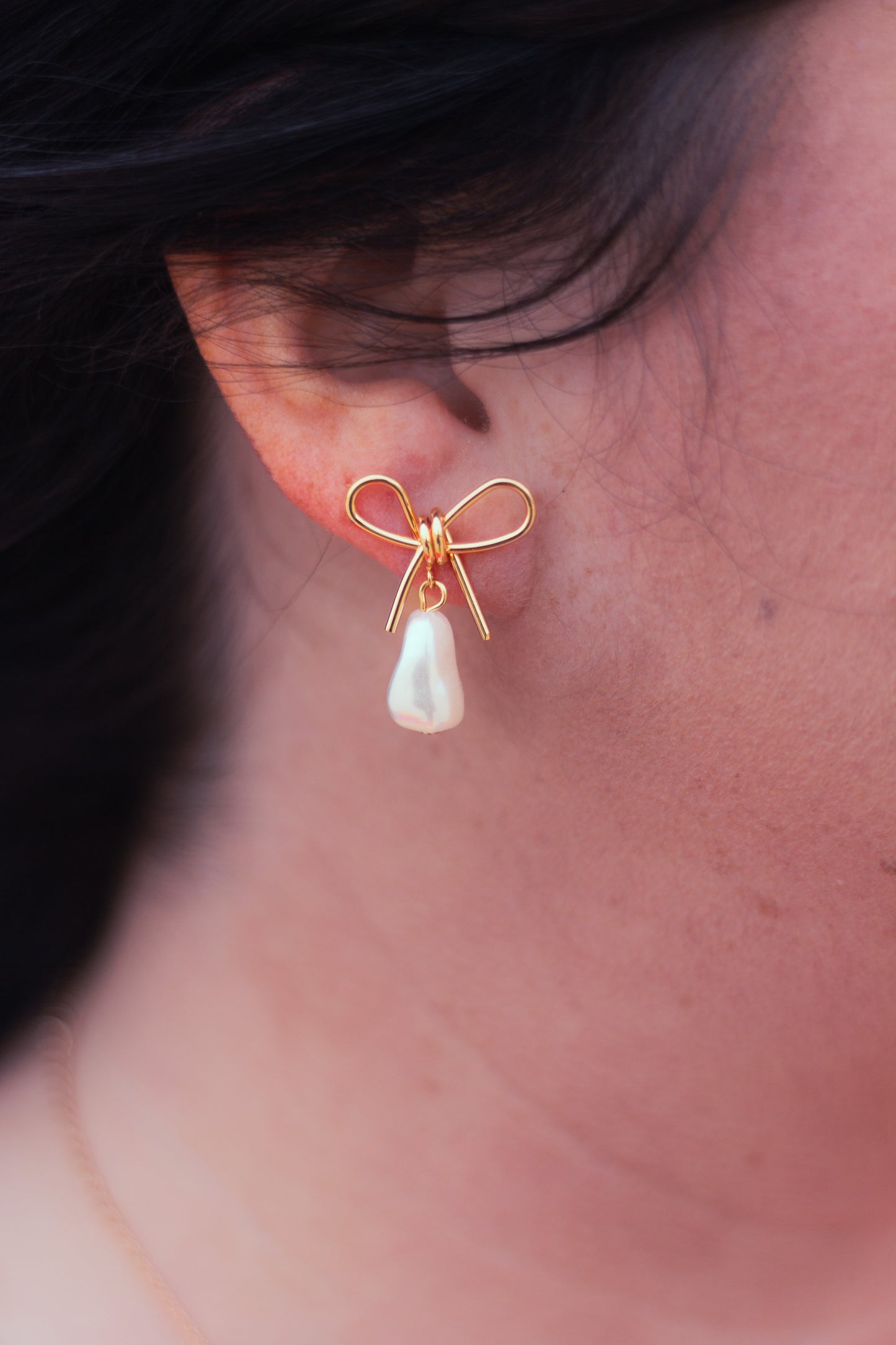 Pearl Dangle Gold Bow Drop Earrings