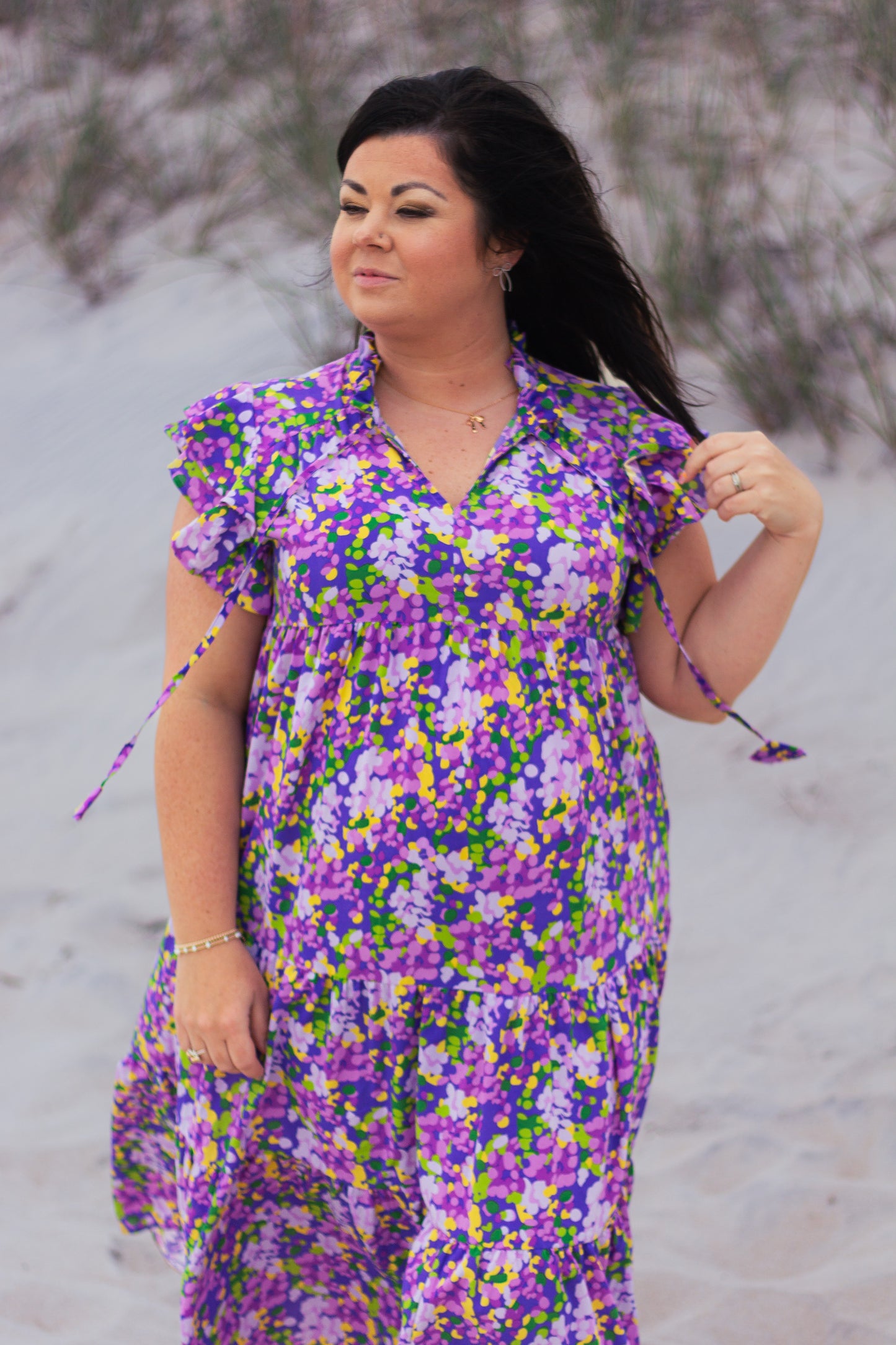 Floral Print A-Line Tiered Split Neck Maxi Dress with Short Flutter Sleeves, Side Pockets & Front Neck Tie