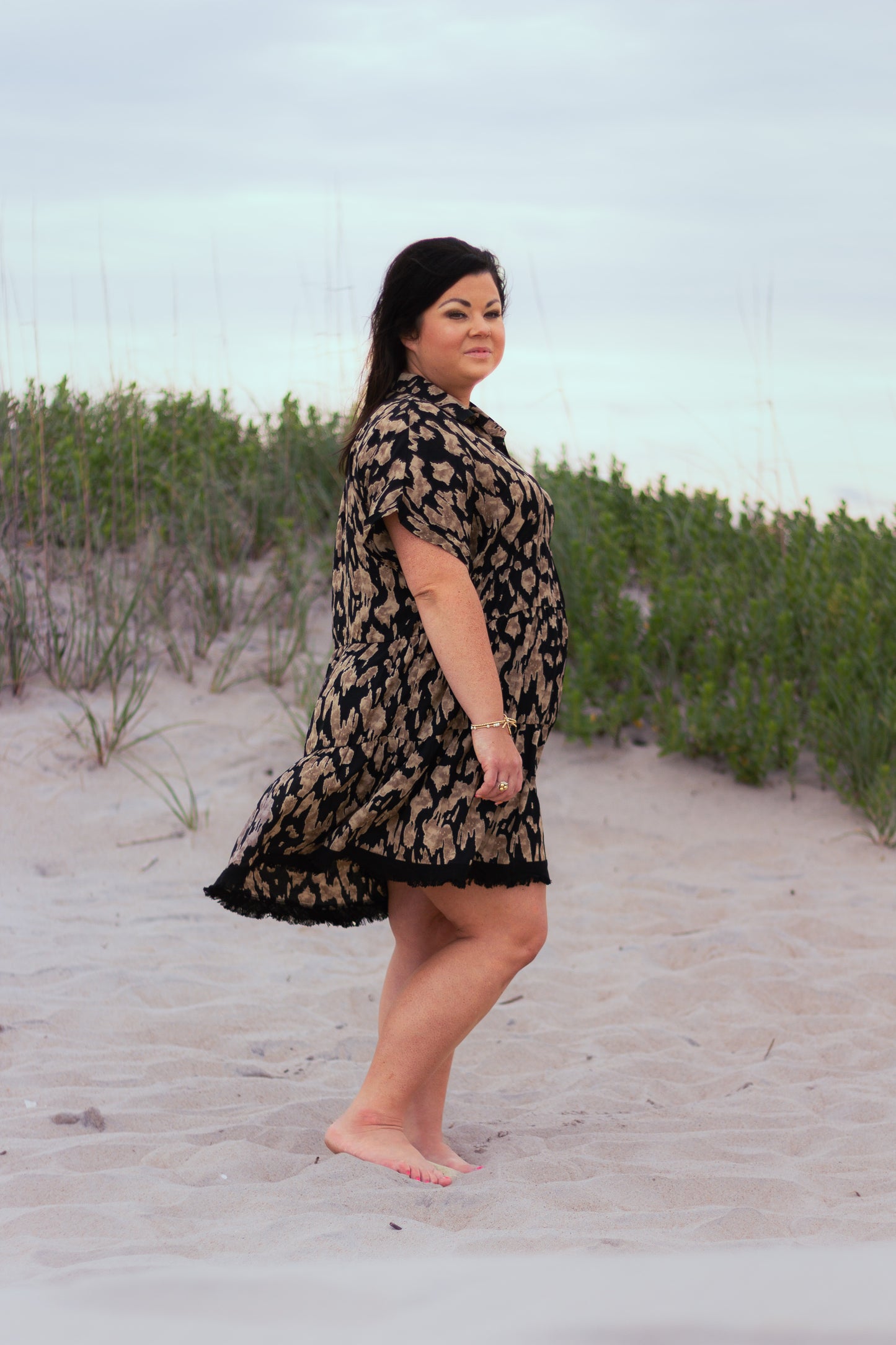 Animal Print Collared Split Neck Tiered Dress with Frayed Hem