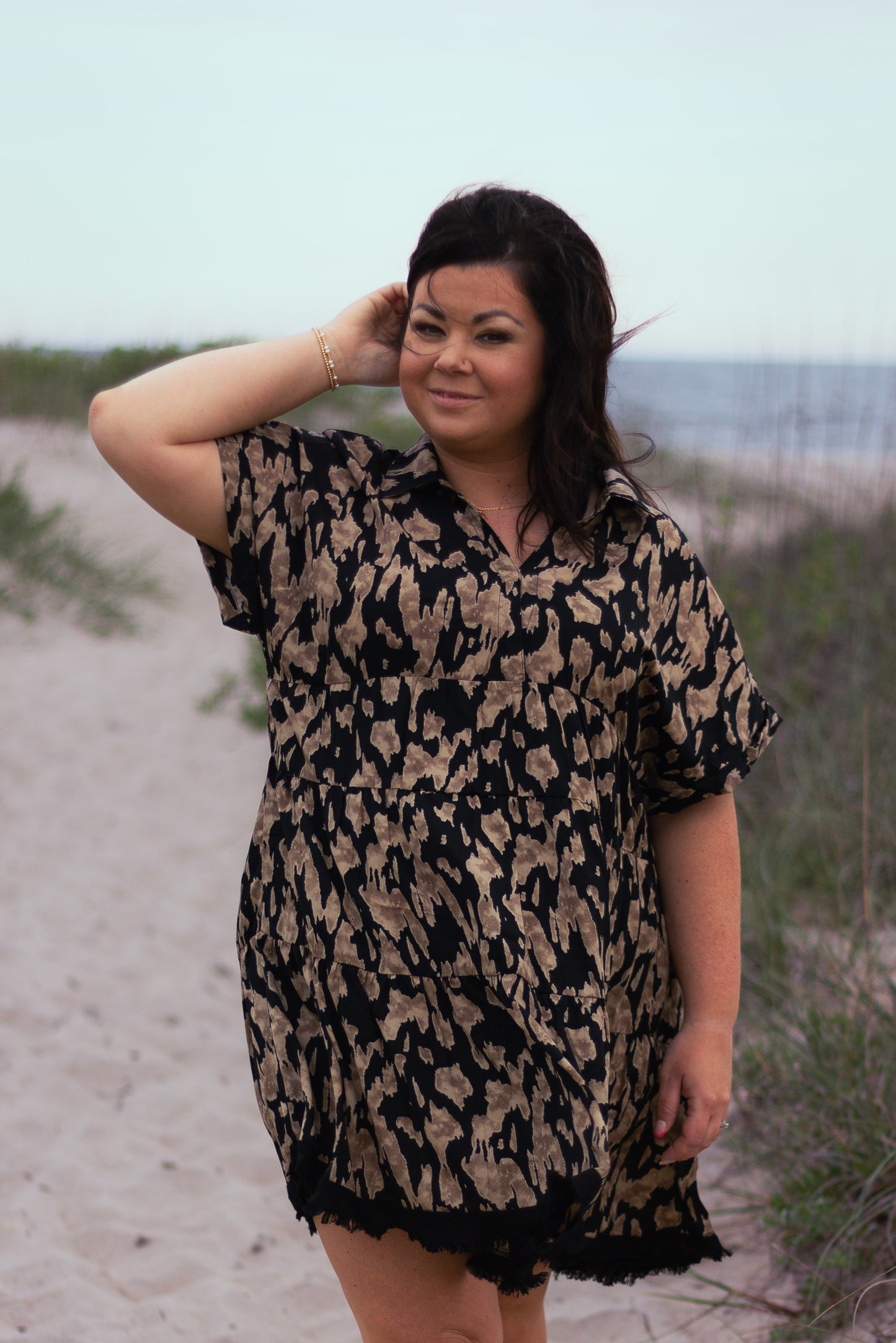 Animal Print Collared Split Neck Tiered Dress with Frayed Hem