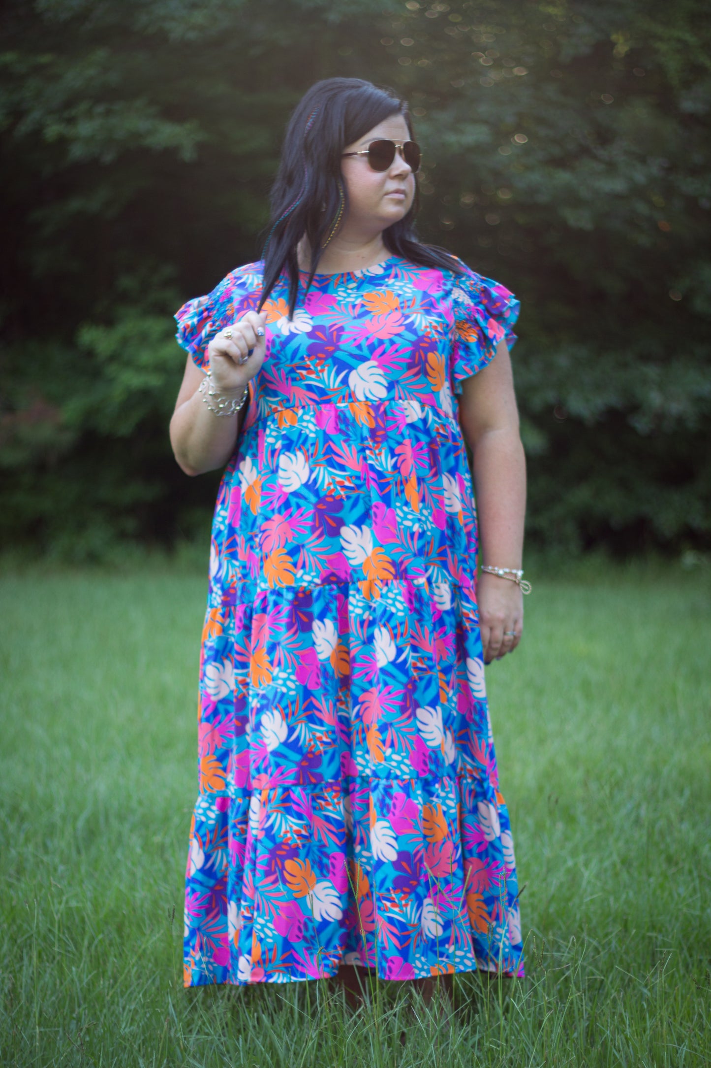 Ruffle Frill Short Sleeve Maxi Tropical dress