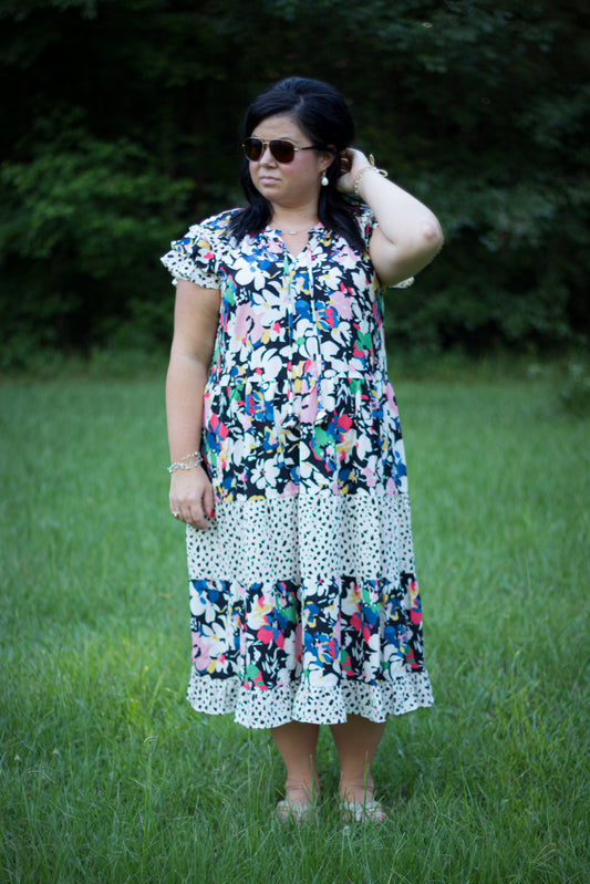 Mixed Print Midi Dress with Layered Ruffle Sleeves, & Adjustable Front Tie