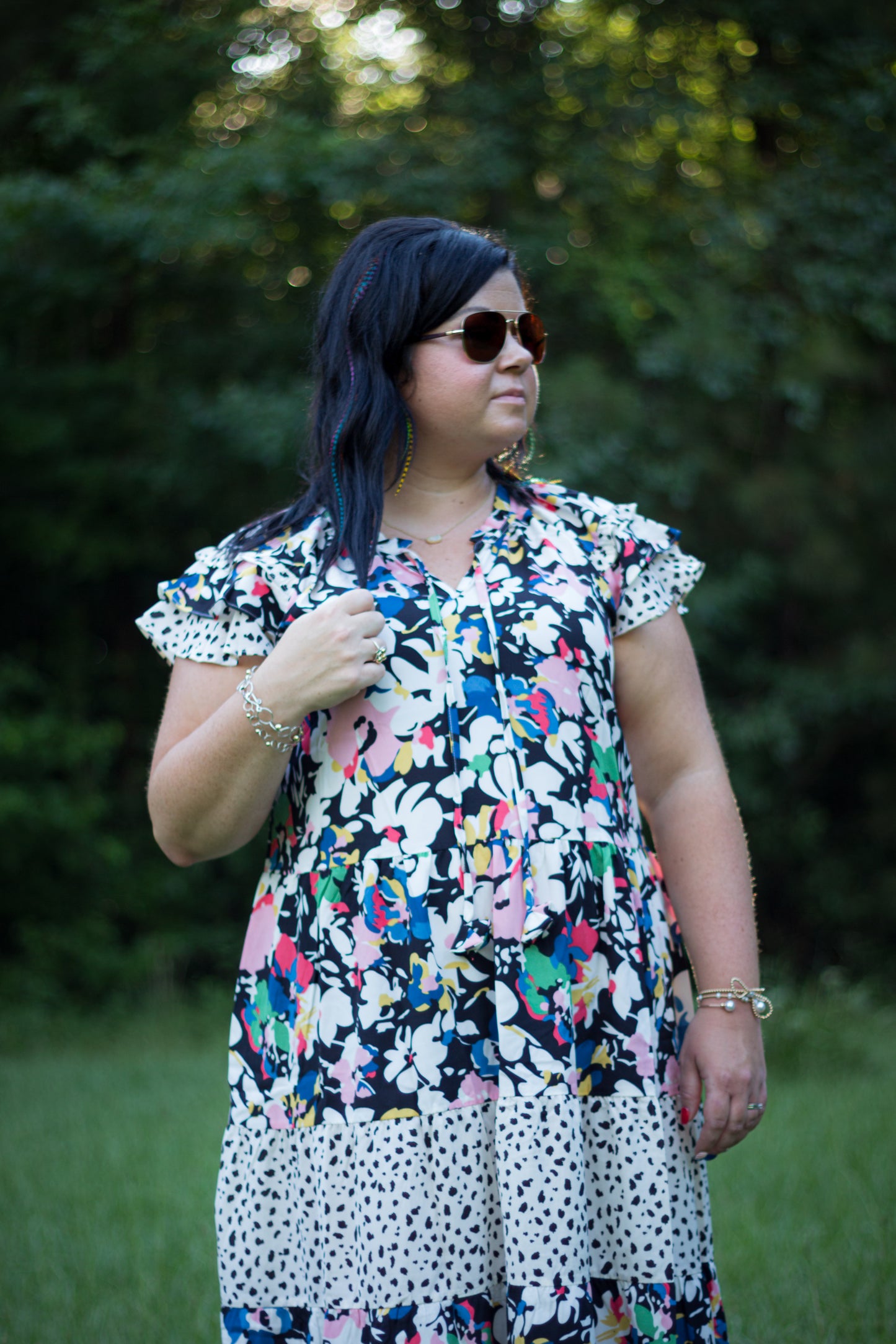 Mixed Print Midi Dress with Layered Ruffle Sleeves, & Adjustable Front Tie