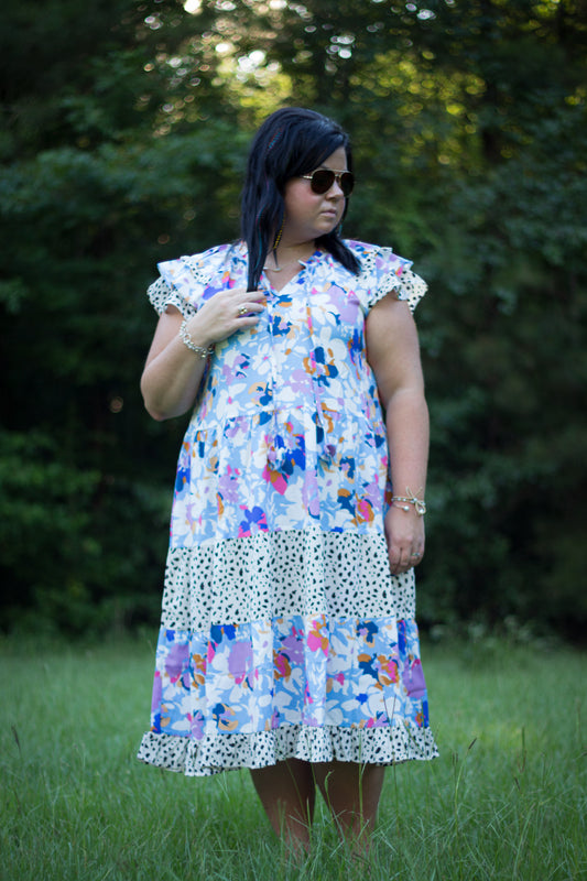 Mixed Print Midi Dress with Layered Ruffle Sleeves, & Adjustable Front Tie