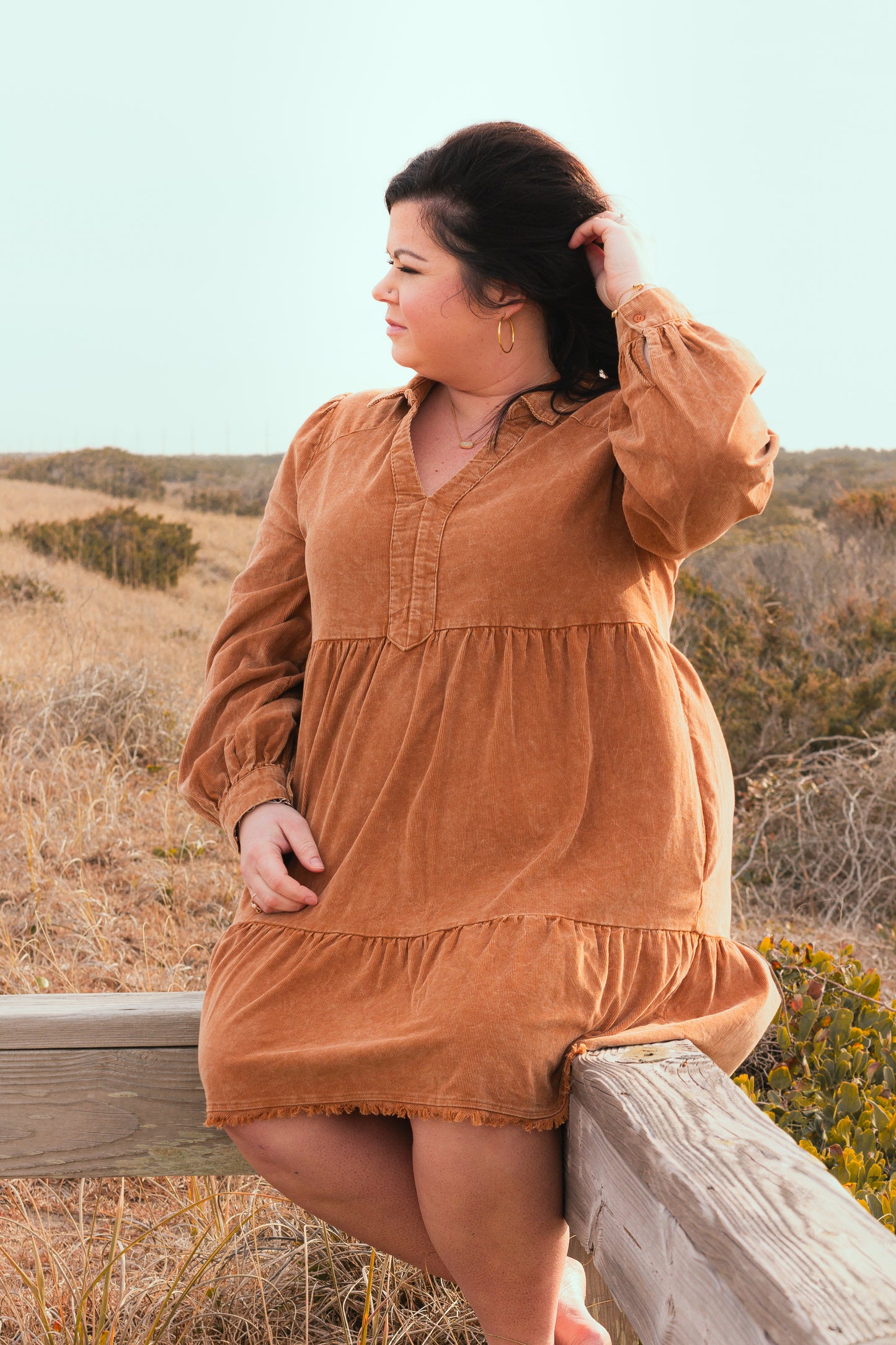 Mineral Wash Corduroy Tiered Dress with Fringes and Side Pocket