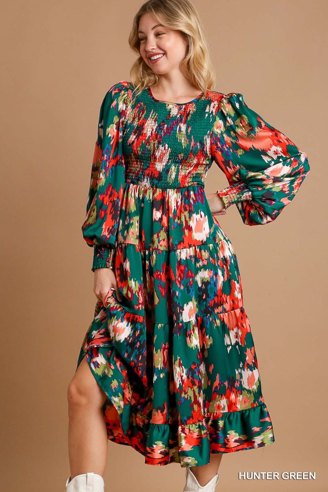 Satin Smocked Printed Long Sleeve Tiered Dress