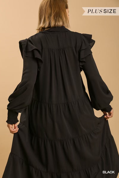 V-Neck Collared Ruffle Long Sleeves Tiered Maxi Dress