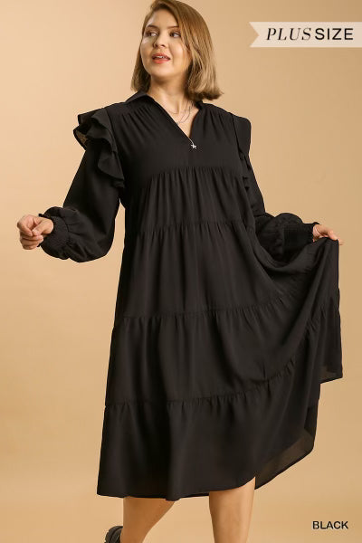 V-Neck Collared Ruffle Long Sleeves Tiered Maxi Dress