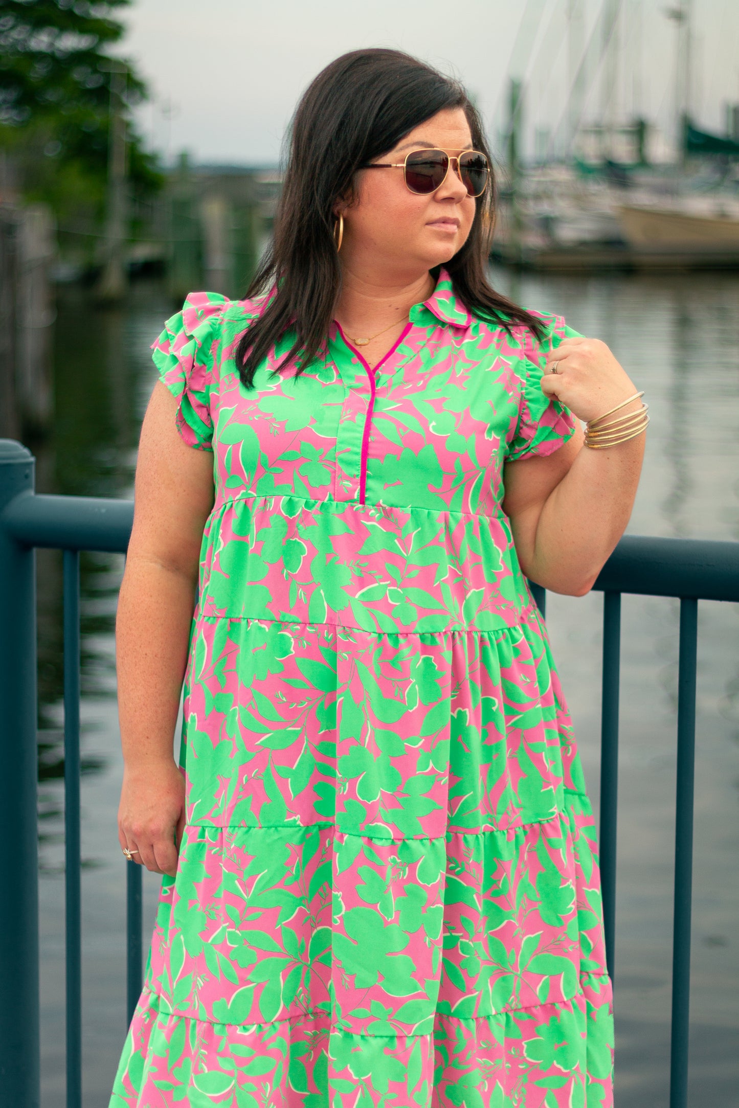 Two Tone A-Line Floral Print Collared Tiered Dress with Ruffle Sleeves