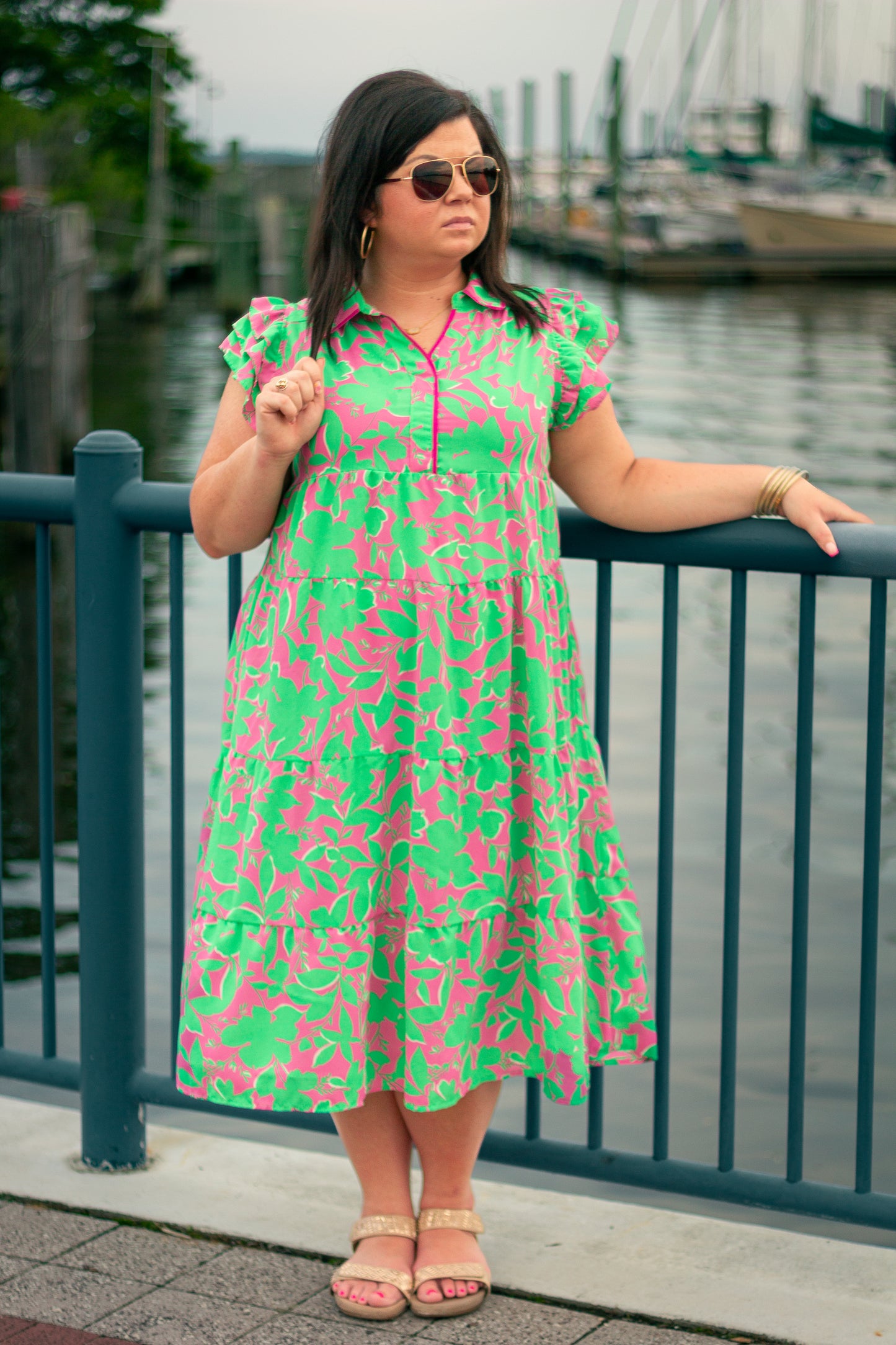 Two Tone A-Line Floral Print Collared Tiered Dress with Ruffle Sleeves