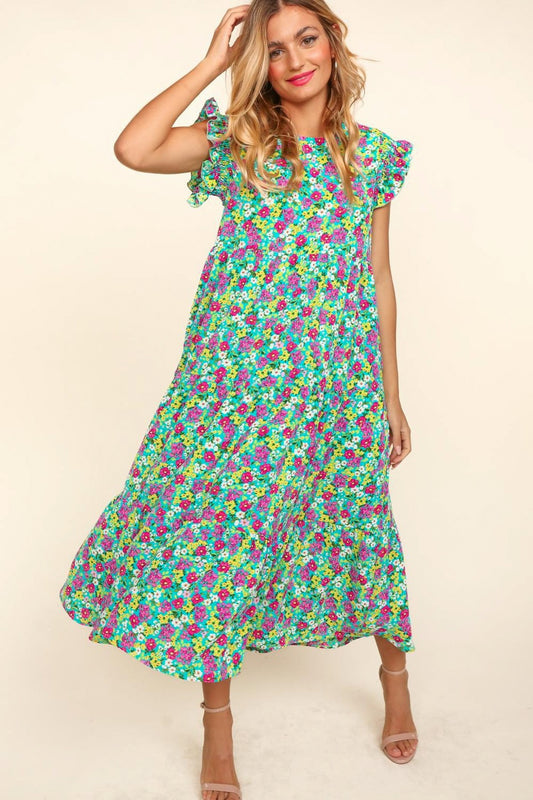 Ruffle Maxi Floral Dress with Side Pockets