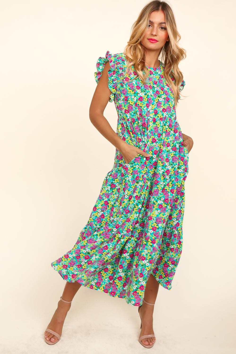 Ruffle Maxi Floral Dress with Side Pockets