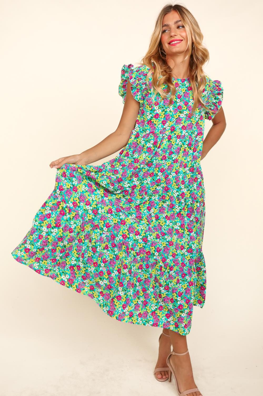 Ruffle Maxi Floral Dress with Side Pockets