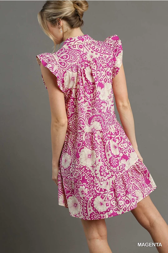 Abstract Print V-Neck Babydoll Dress with Ruffled Cap Sleeves