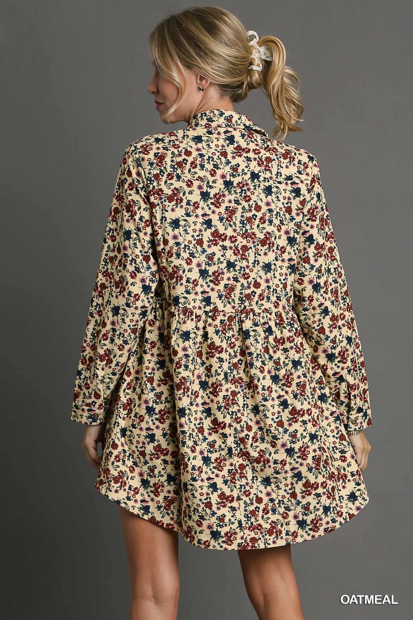 Floral Print Corduroy Collar Dress