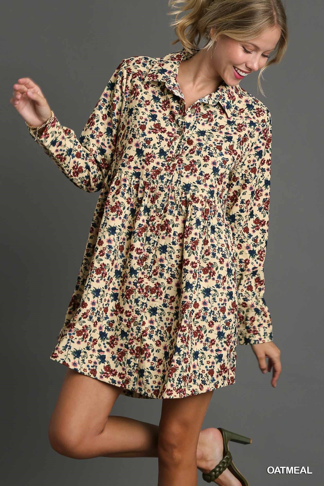 Floral Print Corduroy Collar Dress