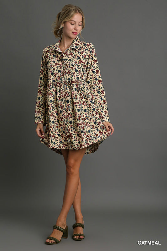 Floral Print Corduroy Collar Dress