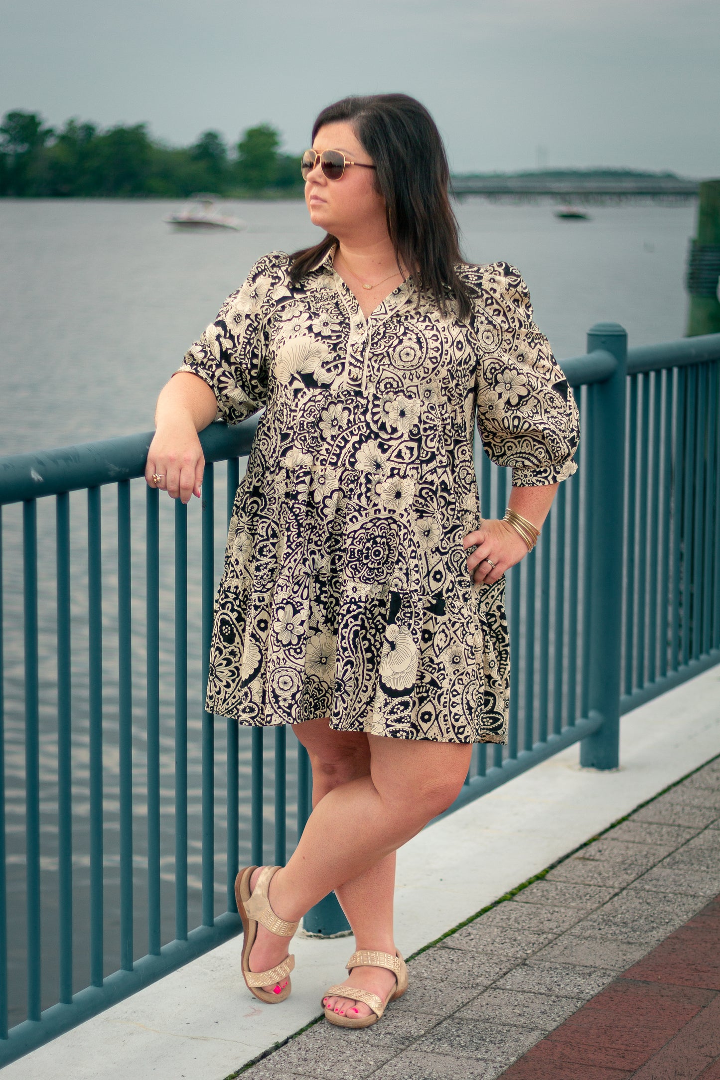 Two Tone Print A-Line Tiered Dress with 3/4 Sleeve & Piping