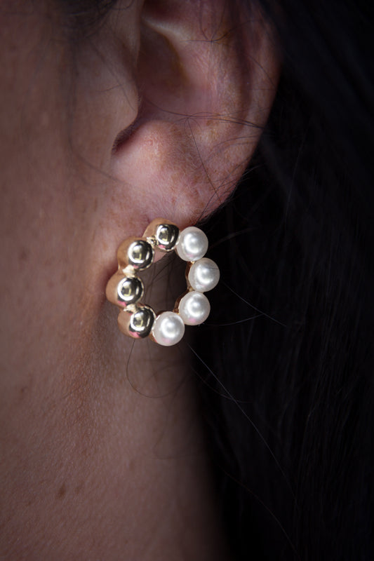 Gold and Pearl Circle Stud Earrings