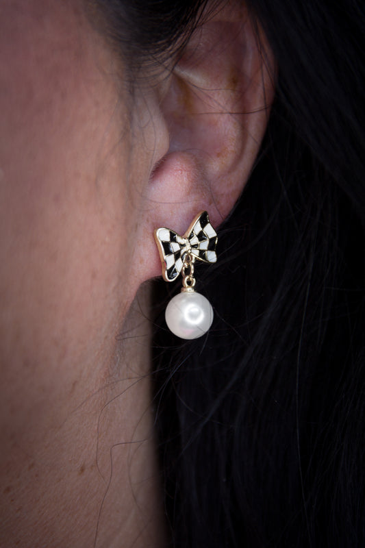 Checker Bow Pearl Drop Earrings