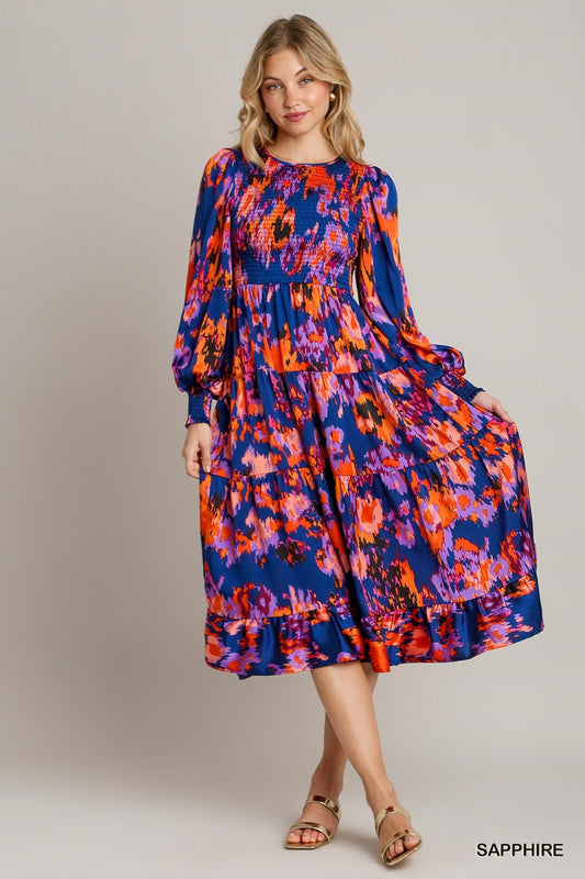 Satin Smocked Printed Long Sleeve Tiered Dress