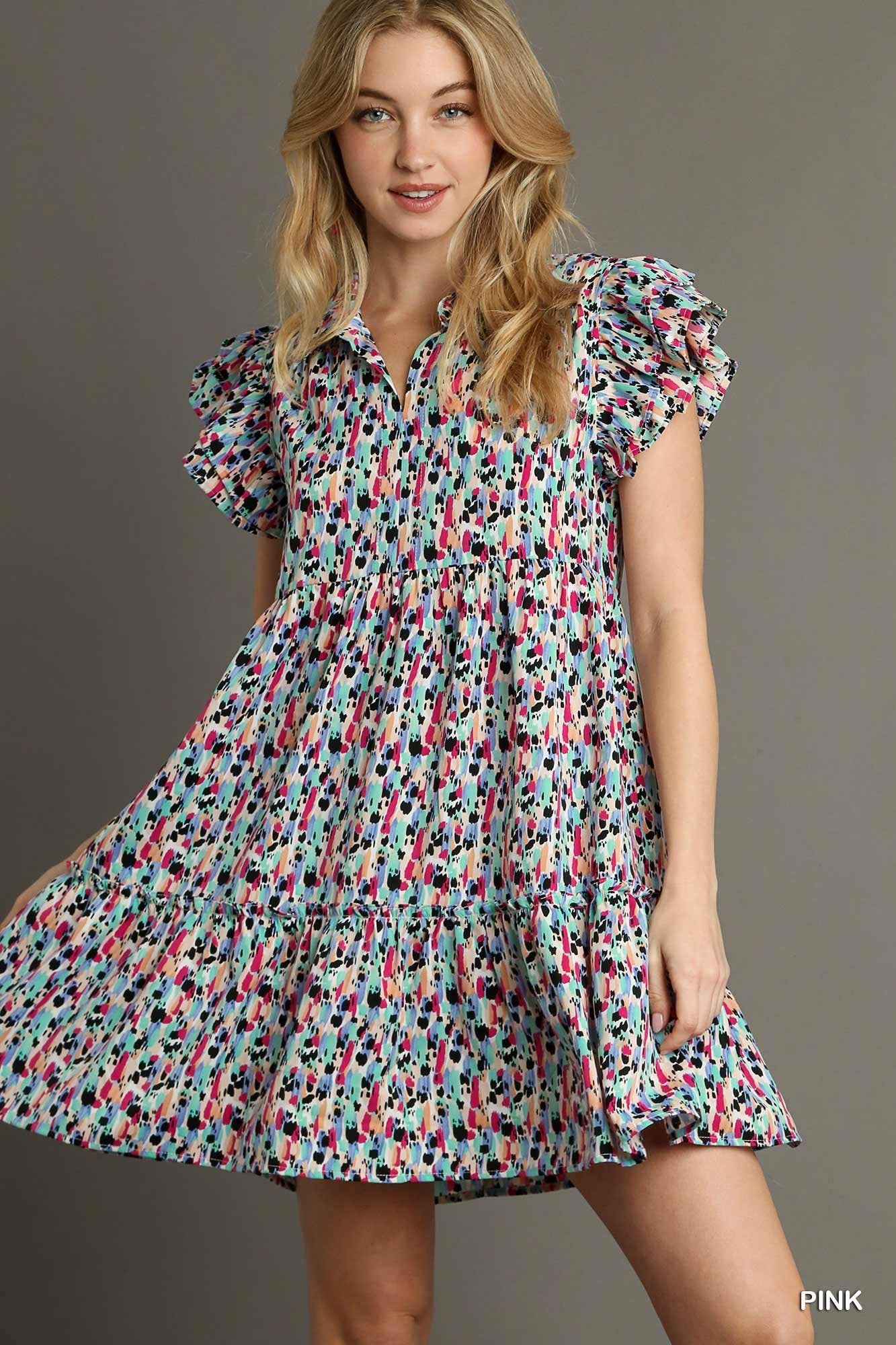 Collared Printed Tiered Short A-Line Dress with Ruffle Sleeves