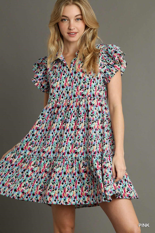 Collared Printed Tiered Short A-Line Dress with Ruffle Sleeves