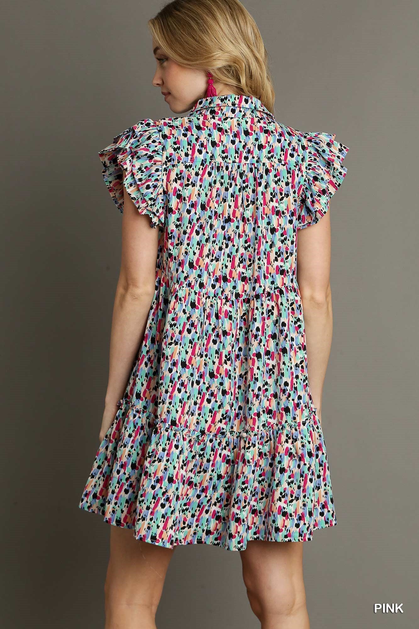 Collared Printed Tiered Short A-Line Dress with Ruffle Sleeves