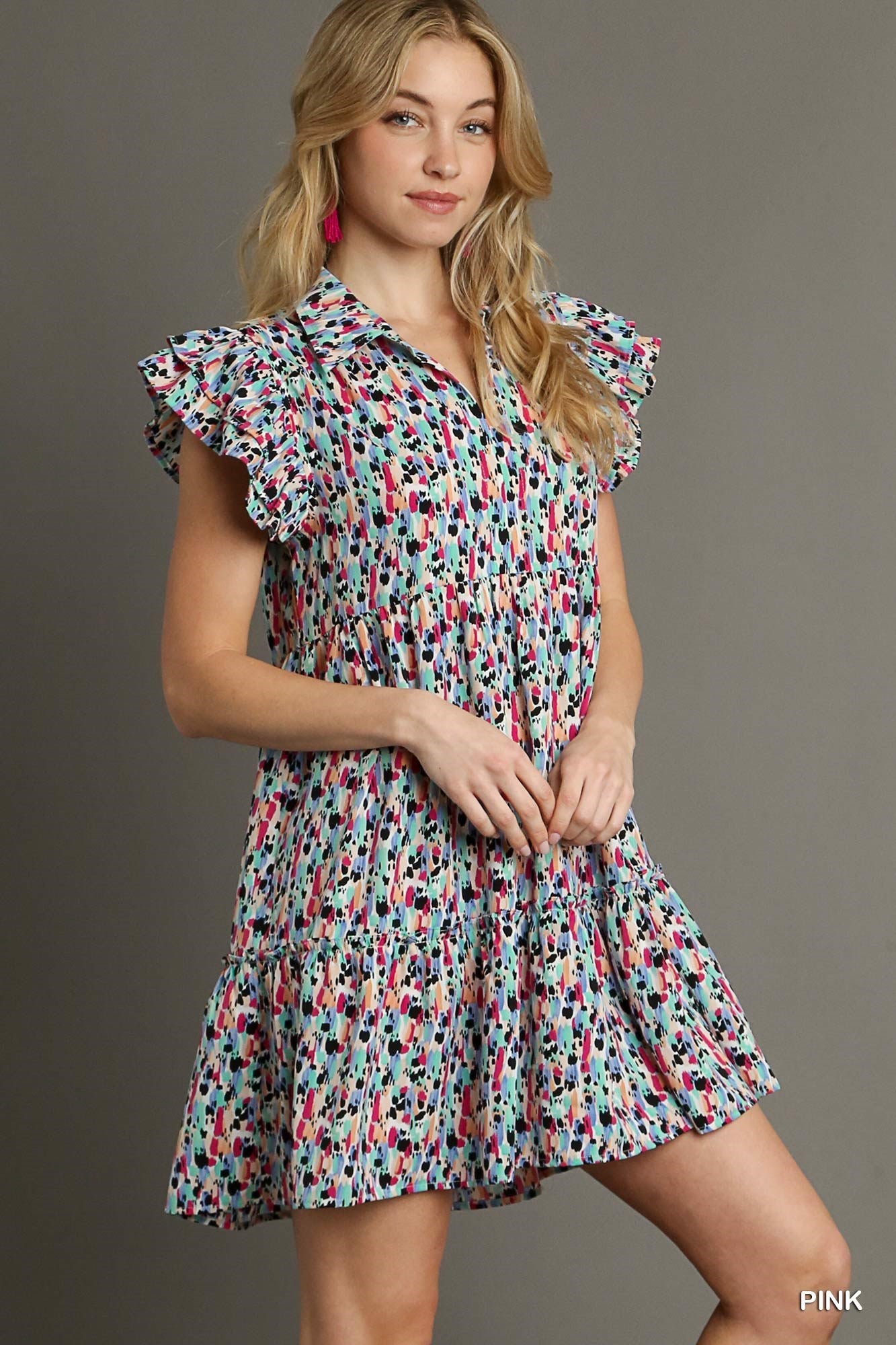 Collared Printed Tiered Short A-Line Dress with Ruffle Sleeves