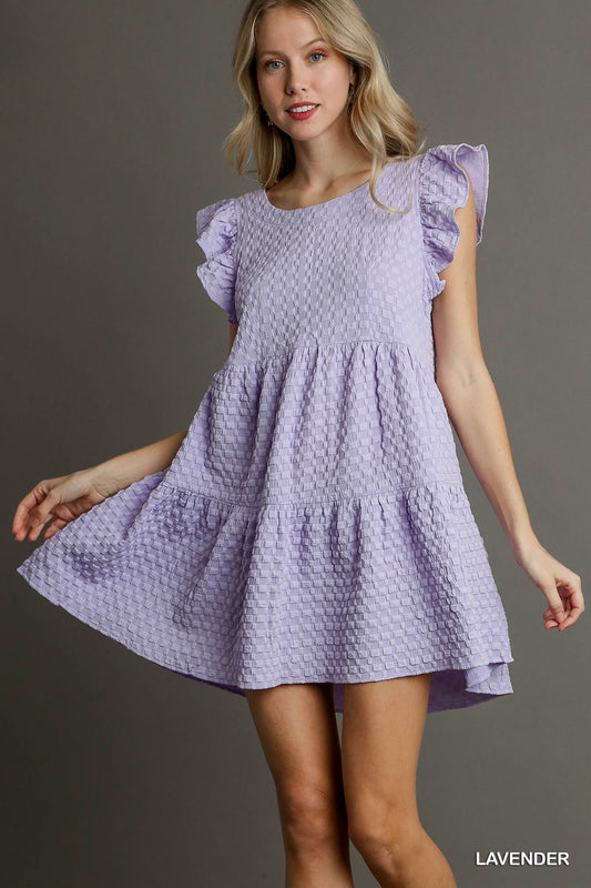 Texture Jacquard Round Neck Tiered A-Line Dress with Back Button Keyhole