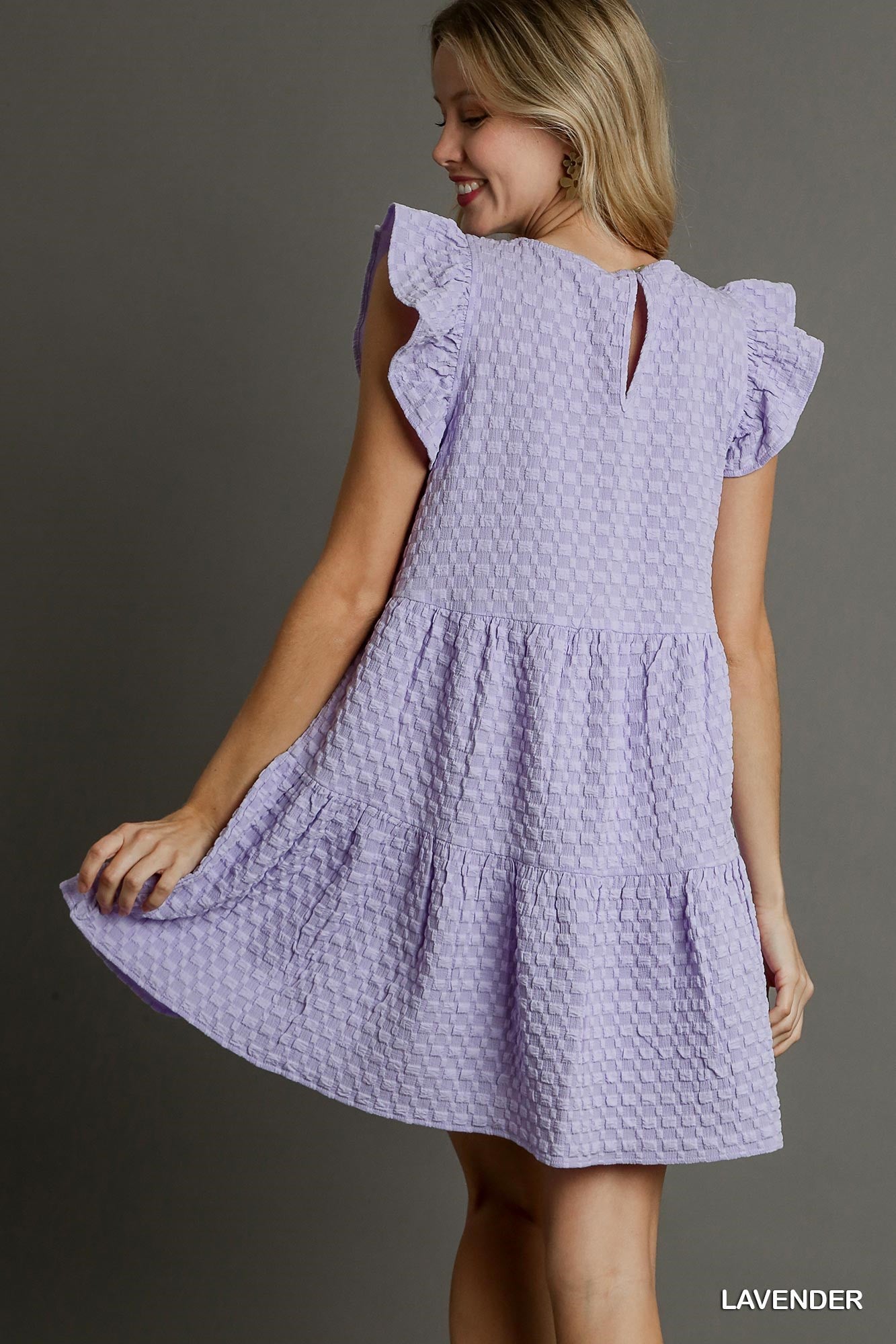 Texture Jacquard Round Neck Tiered A-Line Dress with Back Button Keyhole