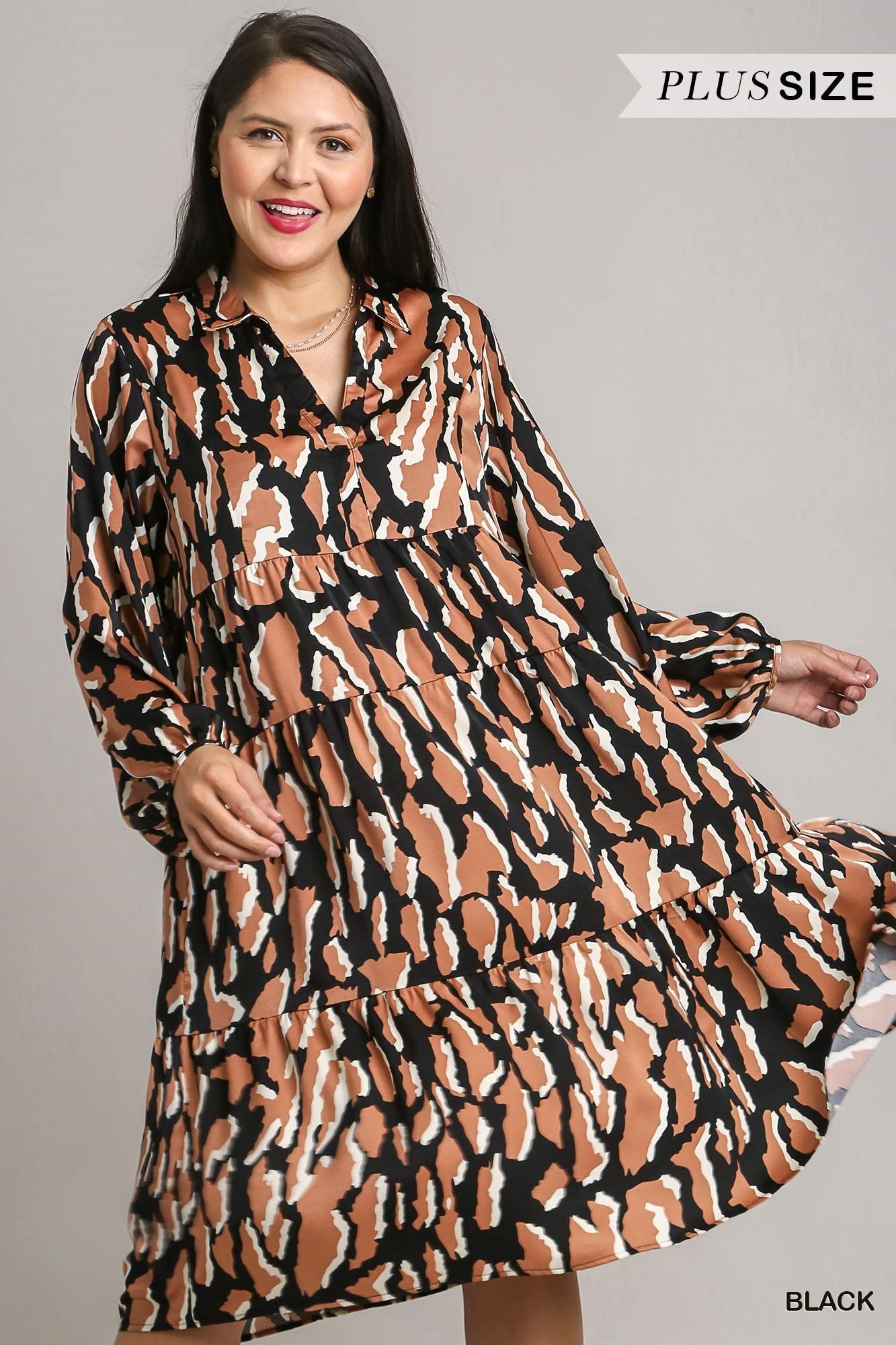 Satin Animal Print 3/4 Sleeve Collared Midi Dress